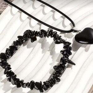 2pcs Vintage Natural Stone Obsidian Bracelet & Necklace
